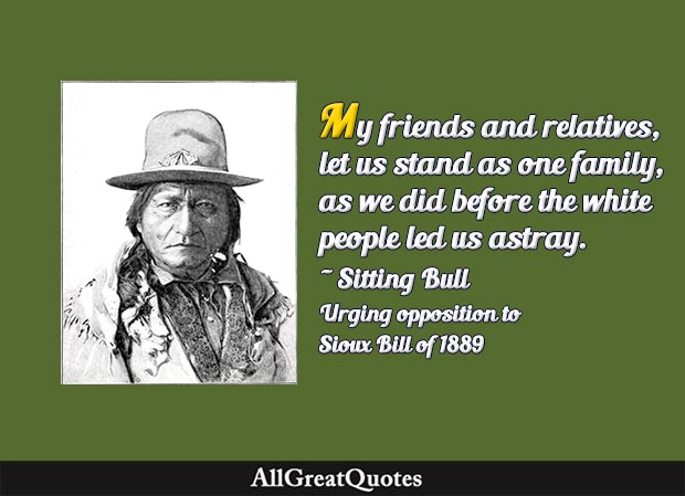 My friends and relatives, let us stand as one family, as we did before the white people led us astray - Sitting Bull